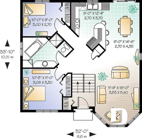 Rez-de-chaussée - Plan de maison abordable, 2 chambres, à entrée split, îlot à la cuisine - Célina