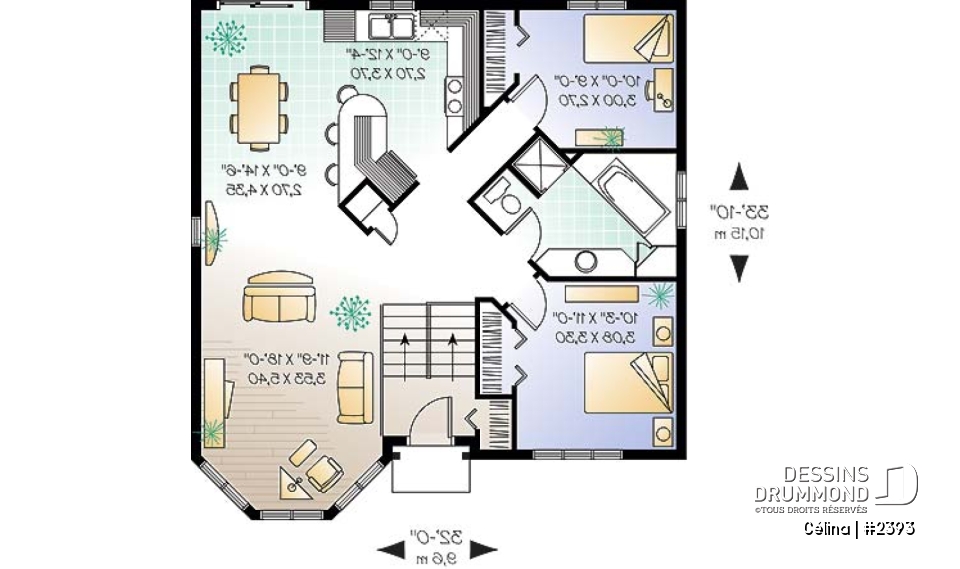 Rez-de-chaussée - Plan de maison abordable, 2 chambres, à entrée split, îlot à la cuisine - Célina