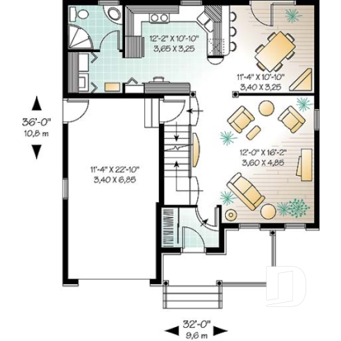 Rez-de-chaussée - Plan de maison inspiration anglaise, 3 chambres + espace boni, garage, salle de lavage au 1er - Archibald 3