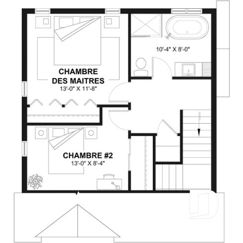Étage - Plan de maison style minimaliste, secteur d'activité ouvert, vestiaire, 2 chambres, sous-sol à aménager - Hermon