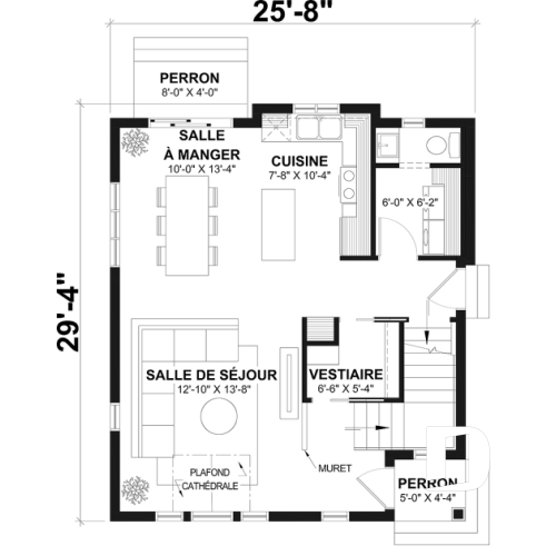 Rez-de-chaussée - Plan de maison style minimaliste, secteur d'activité ouvert, vestiaire, 2 chambres, sous-sol à aménager - Hermon