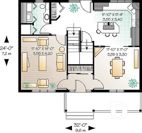 Rez-de-chaussée - Plan de cottage champêtre, salle à manger formelle, suite des maîtres, 3 ch. 2.5 s. de bain, salon séparé - Gaugin