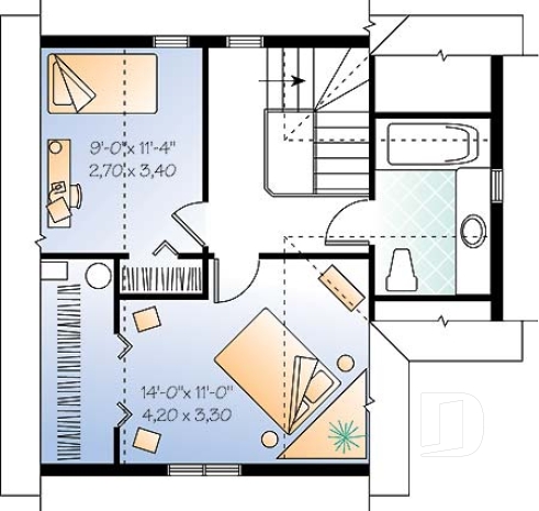Étage - Plan de petite maison économique 2 étages, 2 chambres, coin ordinateur, espace ouvert, dalle de béton - Adam