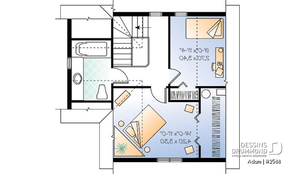 Étage - Plan de petite maison économique 2 étages, 2 chambres, coin ordinateur, espace ouvert, dalle de béton - Adam