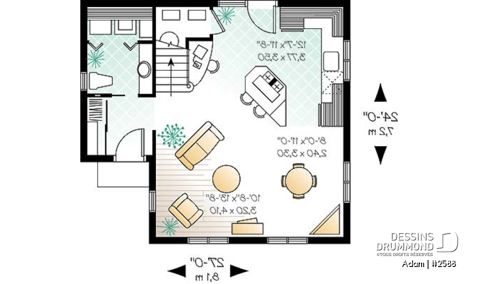 Rez-de-chaussée - Plan de petite maison économique 2 étages, 2 chambres, coin ordinateur, espace ouvert, dalle de béton - Adam