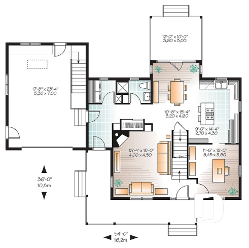 Rez-de-chaussée - Plan de maison style campagne, garage avec espace boni, foyer, buanderie au rdc, terrasse abritée - La Campagnarde 3