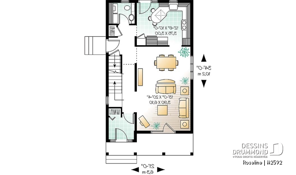 Rez-de-chaussée - Plan de maison Champêtre &amp; élégante pour terrain étroit, 3 chambres, buanderie au r-d-c - Roseline