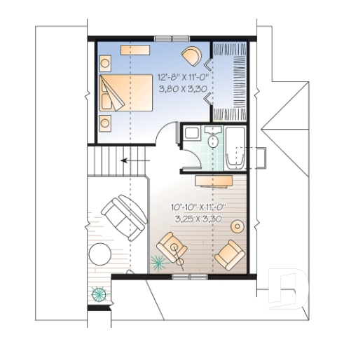 Étage - Plan de maison à étage, 2 chambres + loft, champêtre, plafond cathédrale et mezzanine, aire ouverte - Gaillon 