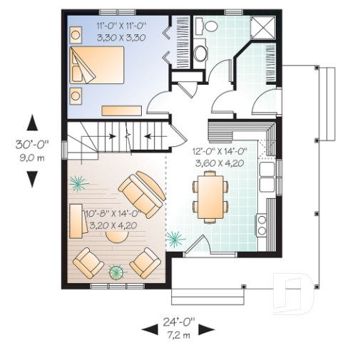Rez-de-chaussée - Plan de maison à étage, 2 chambres + loft, champêtre, plafond cathédrale et mezzanine, aire ouverte - Gaillon 