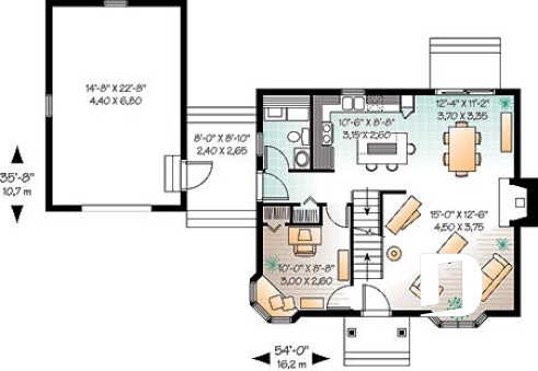 Rez-de-chaussée - Plan de cottage de 2 chambres, bureau, garage rattaché par un passage couvert - Hamann