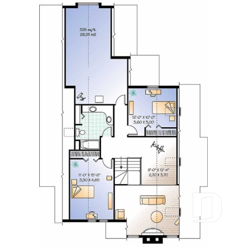 Étage - Plan de maison style chalet 3 chambres pour vue panoramique, garage, foyer, grande terrasse - Grandmont 2