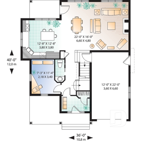Rez-de-chaussée - Plan de maison Tudor, 3 à 4 chambres, îlot, foyer, bureau à domicile, buanderie à l'étage, espace boni - Duvernay 3