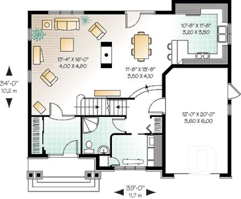 Rez-de-chaussée - Plan de maison 4 chambres, grande salle de lavage, vestibule avec garde-robe, foyer 2 faces, 4 ch. - Casarêve