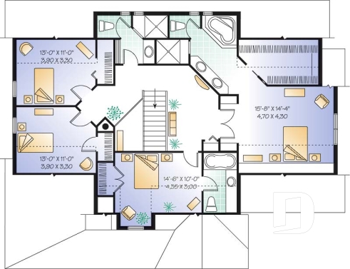 Étage - Plan de cottage champêtre, 3 à 5 chambres, vaste cuisine avec coin déjeuner, plafond 9', bureau à domicile - La Canadienne 2