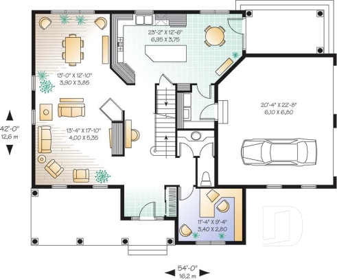 Rez-de-chaussée - Plan de cottage champêtre, 3 à 5 chambres, vaste cuisine avec coin déjeuner, plafond 9', bureau à domicile - La Canadienne 2