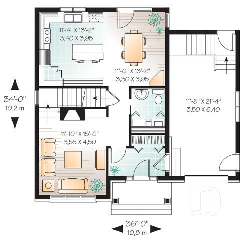 Rez-de-chaussée - Plan de maison de style Manoir, cuisine fonctionnelle, 3 chambres, garage, vestibule - Covington