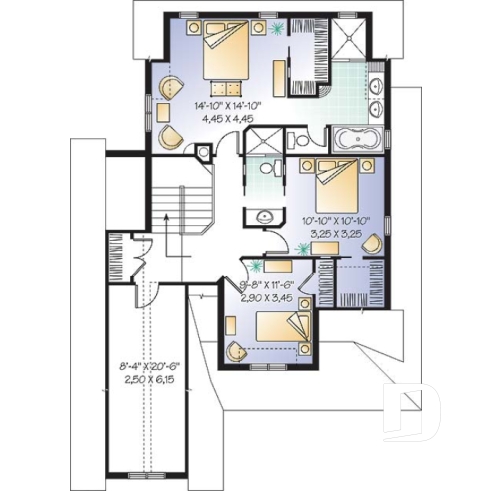 Étage - Plan de maison de style Tudor, 3 chambres, buanderie, espace dînette, grand balcon couvert arrière - Manchester
