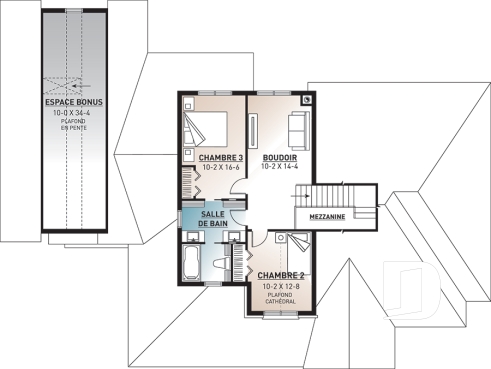 Étage - Plan de maison champêtre, 3 à 4 chambres, superbe salon avec foyer, garage latéral triple, terrasse abritée - Cartwright