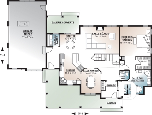 Rez-de-chaussée - Plan de maison champêtre, 3 à 4 chambres, superbe salon avec foyer, garage latéral triple, terrasse abritée - Cartwright