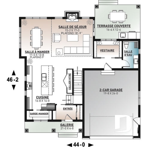 Rez-de-chaussée - Plan de maison farmhouse contemporaine – 4 chambres, garage double et foyer spectaculaire - St-Arnaud 3