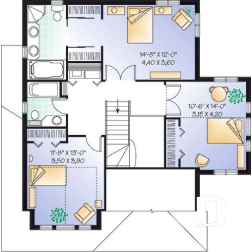 Étage - Plan de cottage avec garage, 38' de façade, 3 chambres, 2 salles de bain & buanderie à l'étage, foyer - Campbell