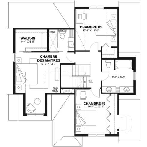 Étage - Plan de maison champêtre 3 à 4 chambres, suite des parents avec salle de bain privé, garage - Augusta 2