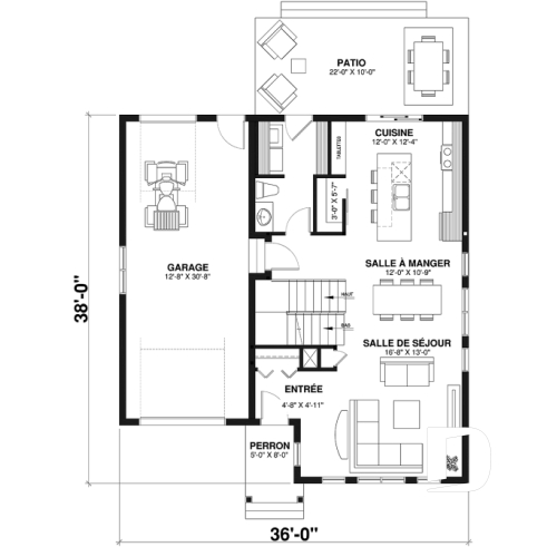 Rez-de-chaussée - Plan de maison champêtre 3 à 4 chambres, suite des parents avec salle de bain privé, garage - Augusta 2