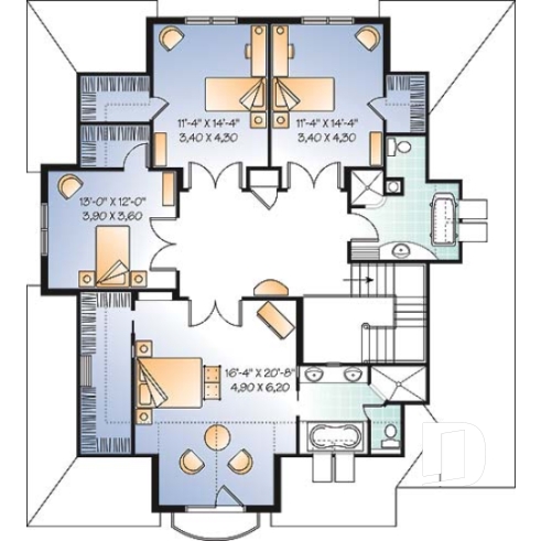 Étage - Plan de Maison 4 chambres, style moderne rustique, garage double, bureau, grande cuisine avec coin déjeuner - Château français