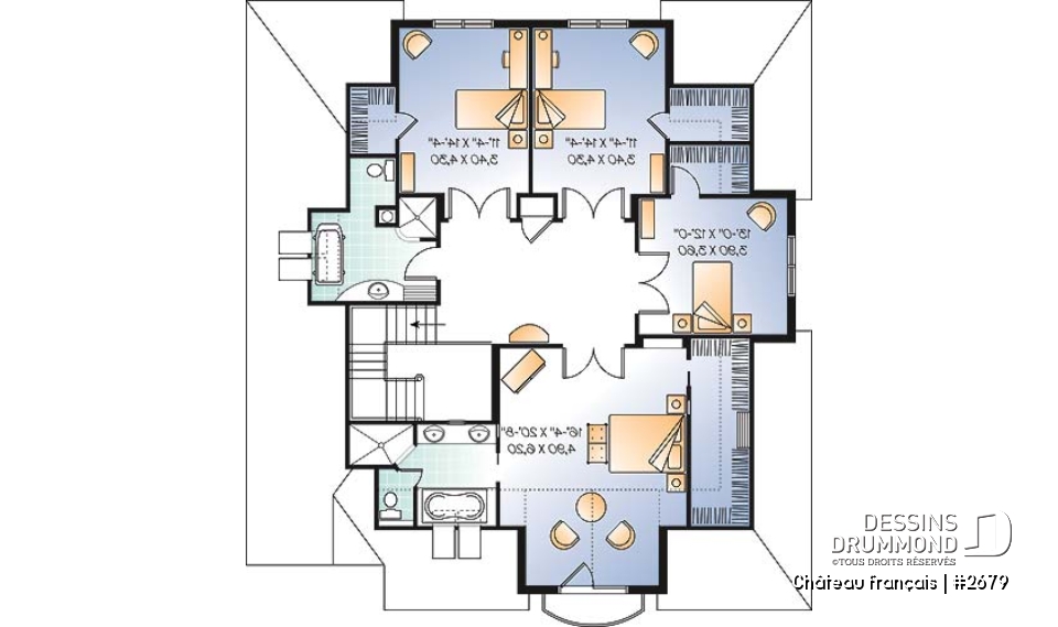 Étage - Plan de Maison 4 chambres, style moderne rustique, garage double, bureau, grande cuisine avec coin déjeuner - Château français
