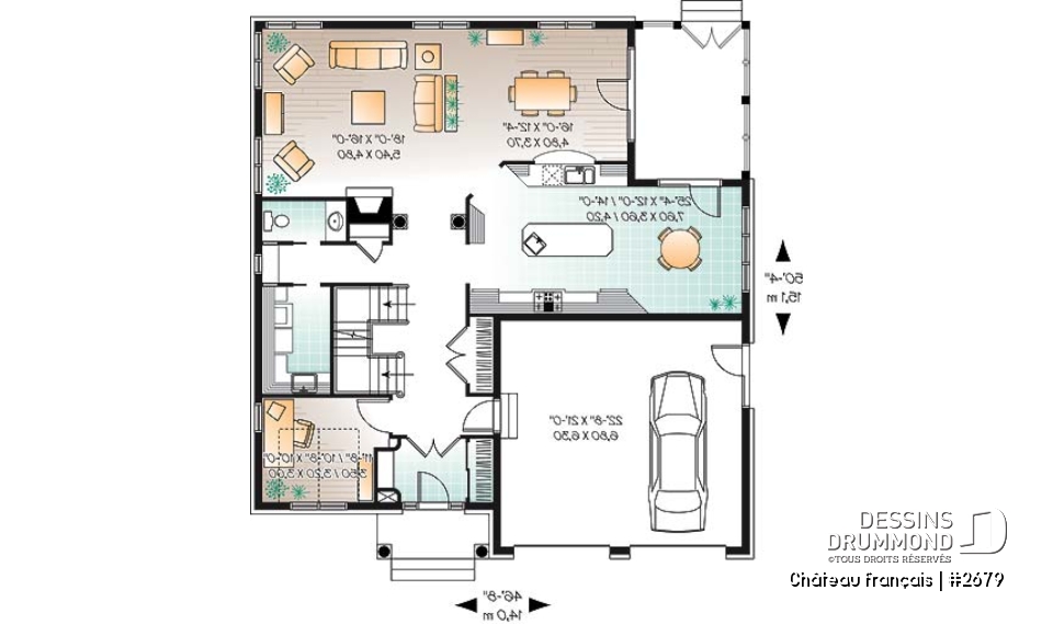 Rez-de-chaussée - Plan de Maison 4 chambres, style moderne rustique, garage double, bureau, grande cuisine avec coin déjeuner - Château français
