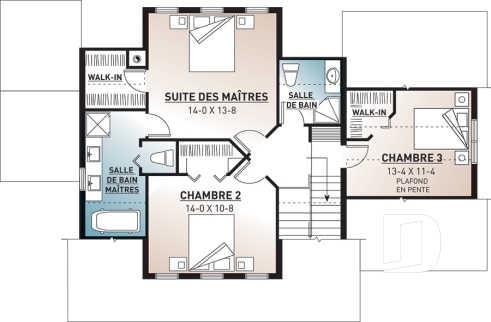 Étage - Plan de maison canadienne 3 chambres, 2.5 salles de bain, foyer deux faces, coin déjeuner, garage - Baker