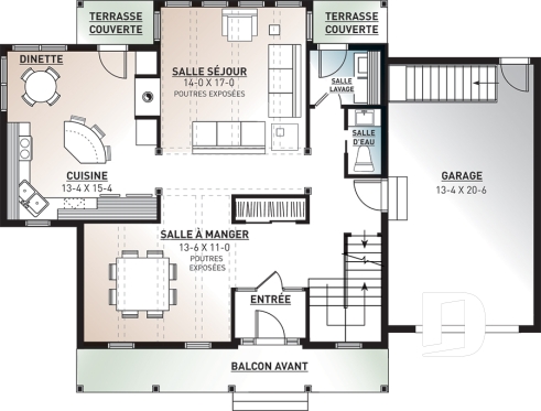 Rez-de-chaussée - Plan de maison canadienne 3 chambres, 2.5 salles de bain, foyer deux faces, coin déjeuner, garage - Baker