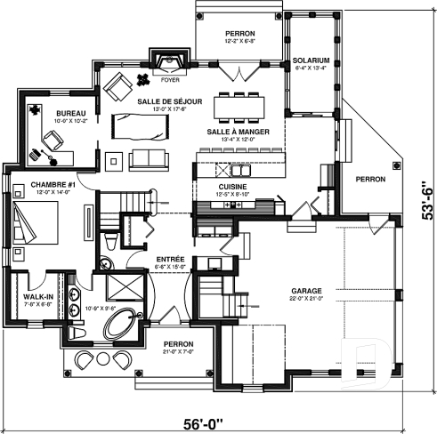 Rez-de-chaussée - Plan de maison Craftsman, 3 à 4 chambres, garage double, mezzanine + cathédral, bureau, grand espace boni - Salomon 2