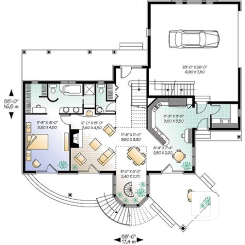 Rez-de-chaussée - Plan de maison lumineuse, 3 à 4 chambres, garage double avec pièce boni, superbe tourelle, foyer - Grappelli 