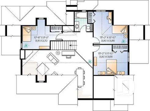 Étage - Plan de maison champêtre vue panoramique, chambre des maîtres au r-d-c, 4 chambres, espace ouvert, garage doub - Lavallée 2