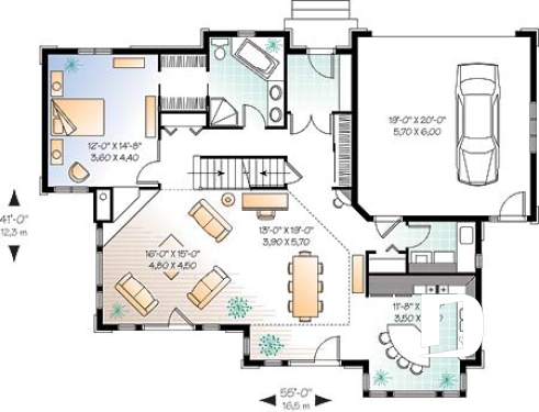Rez-de-chaussée - Plan de maison champêtre vue panoramique, chambre des maîtres au r-d-c, 4 chambres, espace ouvert, garage doub - Lavallée 2
