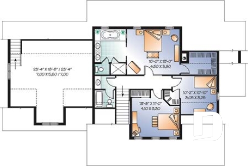 Étage - Plan de maison canadienne, 3 chambres, garage double, grand salon avec foyer, salle de télé ou bureau - Coubertin
