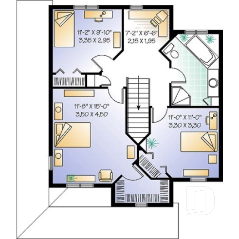Étage - Plan de maison traditionnelle, à étage, grand balcon couvert avant/côté, 3 chambres, bureau à domicile - Darma