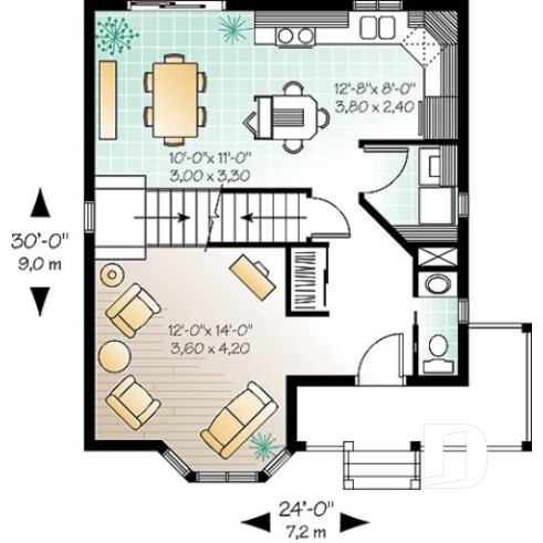 Rez-de-chaussée - Plan de maison à étages, 3 chambres, fenestration abondante, cuisine avec îlot - Davenport