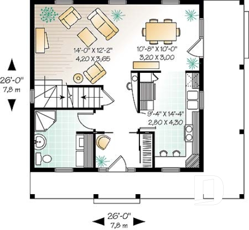Rez-de-chaussée - Plan de maison style anglais, 3 chambres, 2 salles de bain complètes, cuisine fort originale - Montmarte