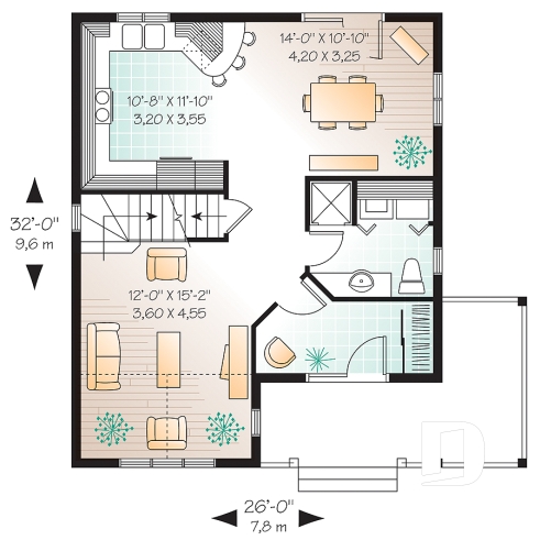 Rez-de-chaussée - Plan de maison champêtre abordable, 3 chambres, belle galarie avant et latérale. - Devondel
