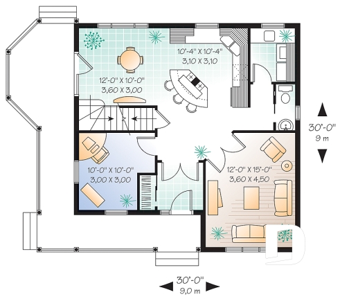 Rez-de-chaussée - Plan de cottage 3 chambres, bureau à domicile, vestibule fermé, buanderie au rdc, ìlot à la cuisine - Marion 2 