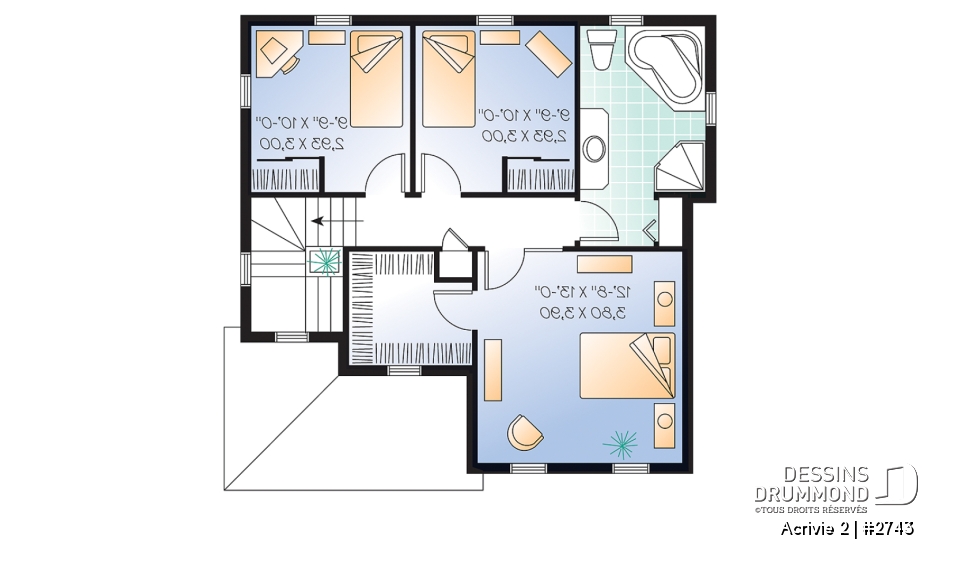 Étage - Plan d'un Cottage de 3 chambres avec galerie arbitrée, îlot à la cuisine et salle de lavage au 1er - Acrivie 2