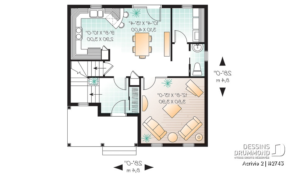 Rez-de-chaussée - Plan d'un Cottage de 3 chambres avec galerie arbitrée, îlot à la cuisine et salle de lavage au 1er - Acrivie 2