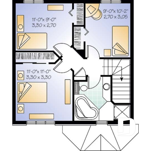 Étage - Plan de maison classique à étage, aire ouverte, 3 chambres, fenestration abondante, Européen - Galba