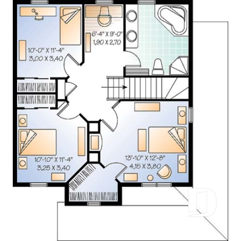 Étage - Plan de maison champêtre américaine, 3 chambres, espace ouvert avec foyer mitoyen - Darma 4