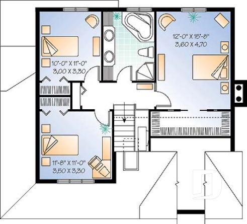 Étage - Plan de maison de campagne, bureau , espace ouvert avec foyer, 3 chambres - Martina