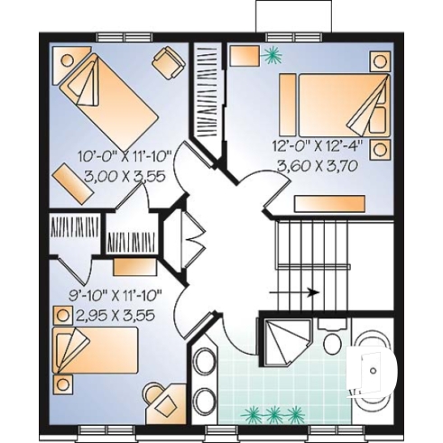 Étage - Plan de cottage de style anglais, 3 chambres, buanderie au r-d-c, grande cuisine et séjour avec foyer - Cellini