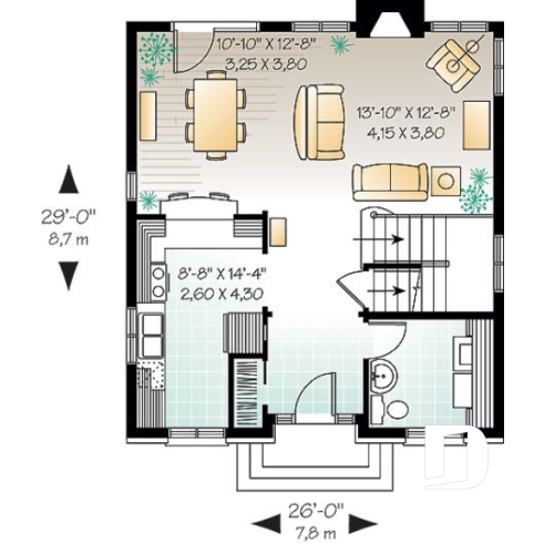 Rez-de-chaussée - Plan de cottage de style anglais, 3 chambres, buanderie au r-d-c, grande cuisine et séjour avec foyer - Cellini
