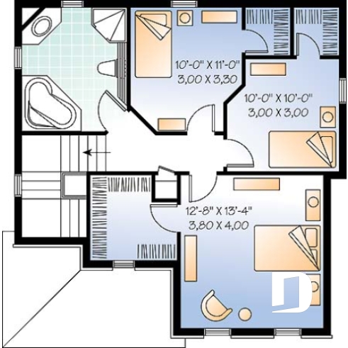 Étage - Plan de maison européenne, 3 chambres, salle de lavage au premier, balcon avant abrité - 